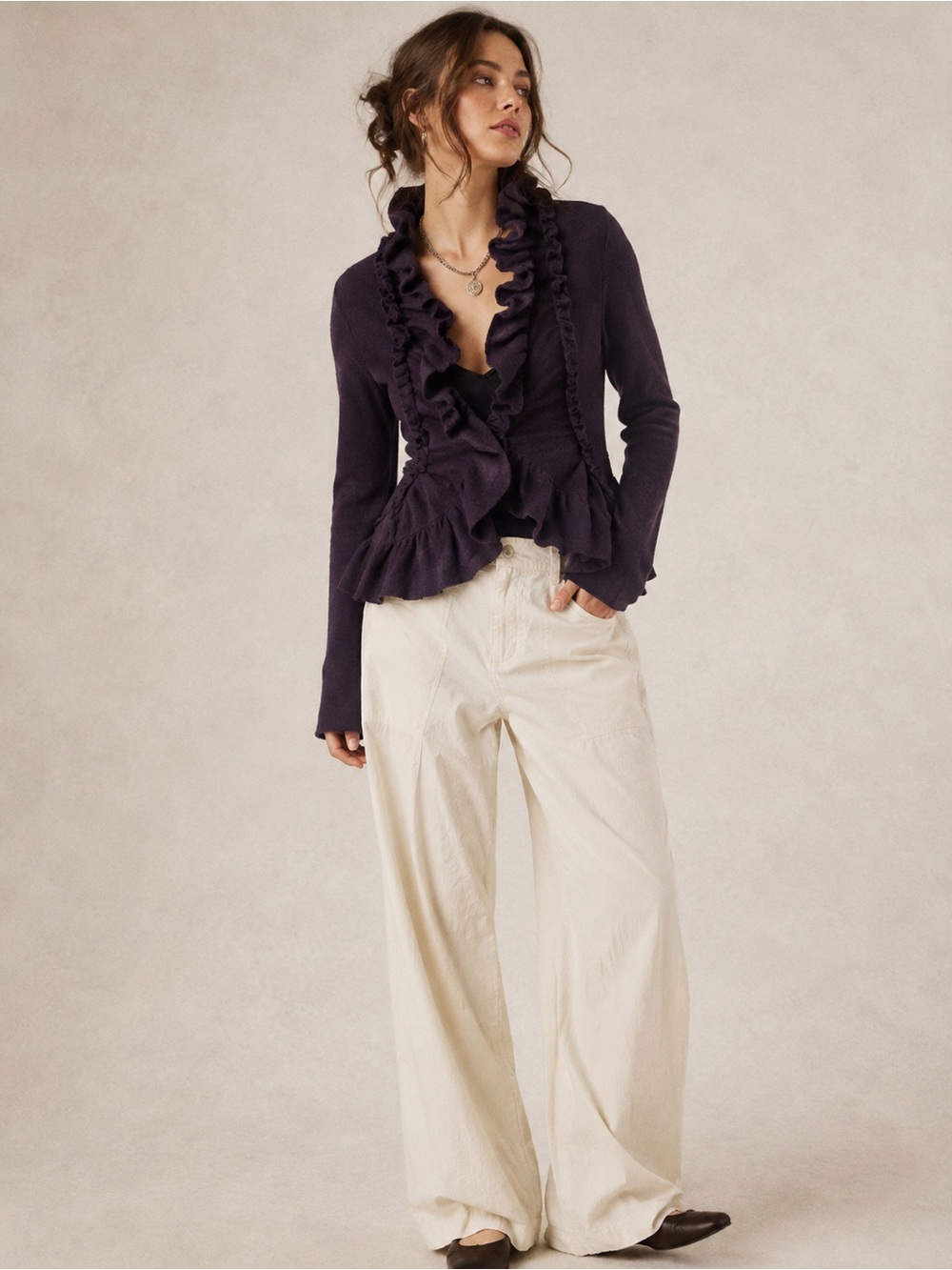 Ruffled Open-Front Sweater Jacket - Purple Large